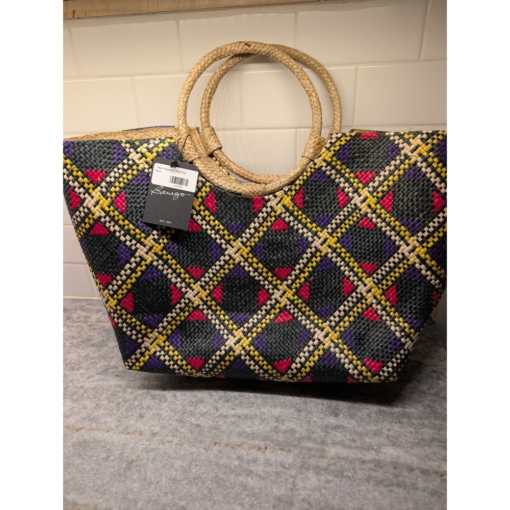Banago Blue‎ Geometric Olivia Tote Handwoven Palm Leaf Beach Market Bag NWT